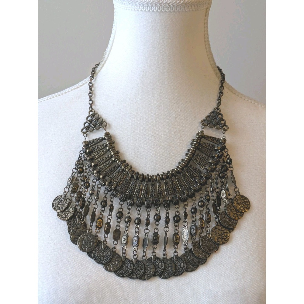 Antiqued Bronze Tone Coin Necklace Egyptian Revival Dangles Statement Bib